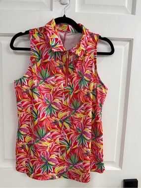 Sleeveless Tropical Print Polo Top in Pink